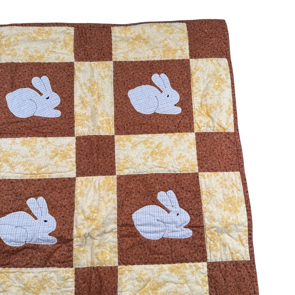 Tender Loving Quilters Handmade Baby Quilt Bunny Rabbit Stars Brown Yellow 25x36 - Picture 2 of 8